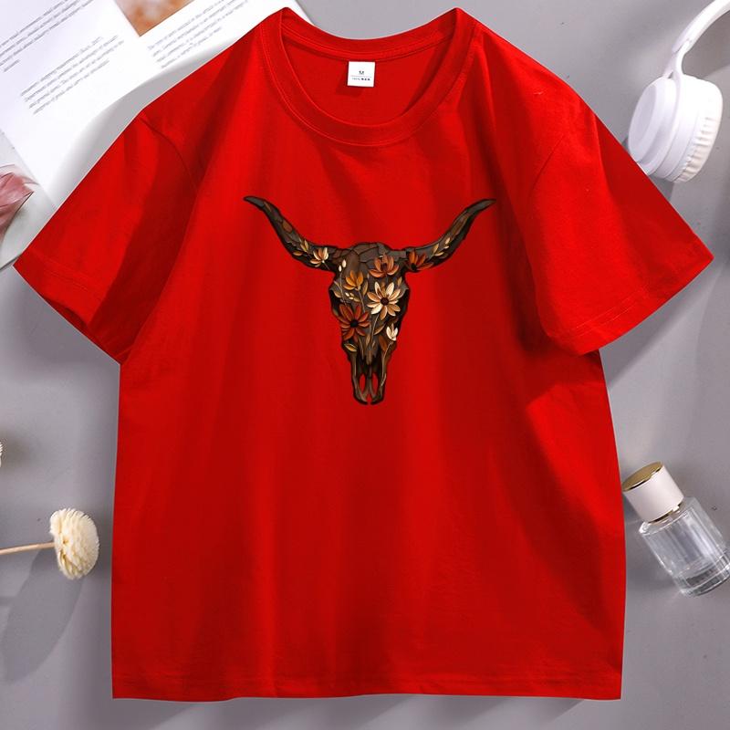 Boho Cow Skull T Shirt Western Graphic Tee Bull Skull T-Shirt Cowgirl Tshirt Country Girl Western Clothing Tops