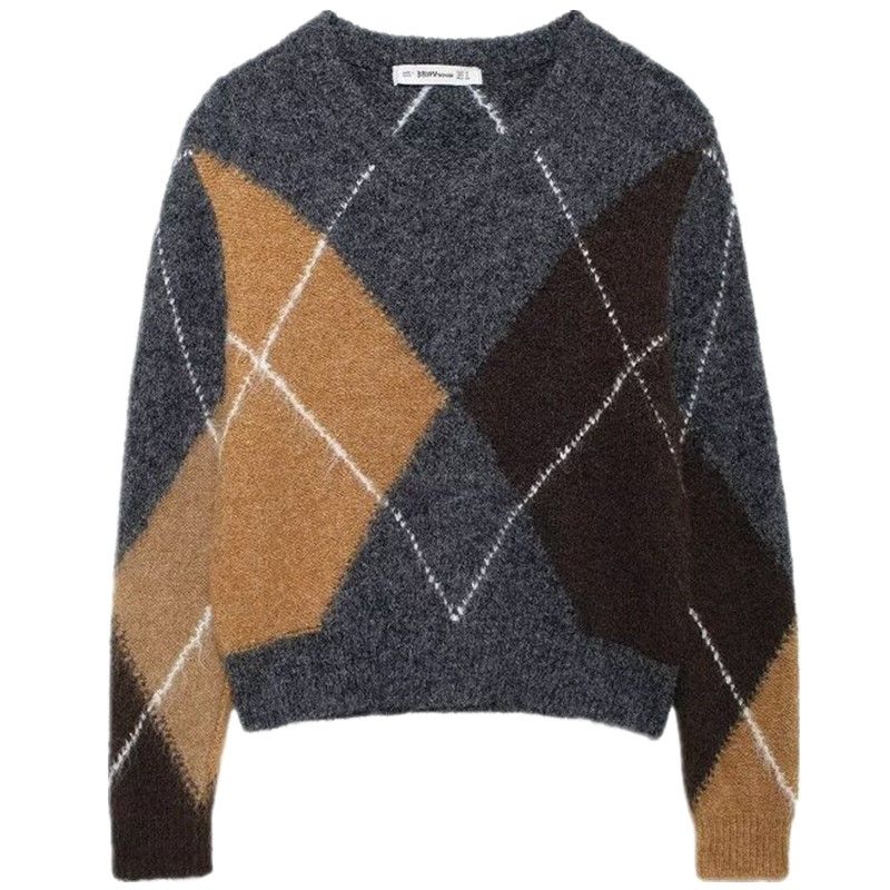 

Fashion Style 2024 Fall and Winter New Women s Plaid Printing Color Contrast Casual V-neck Long-Sleeve Knitwear 5755135 Figure Color L