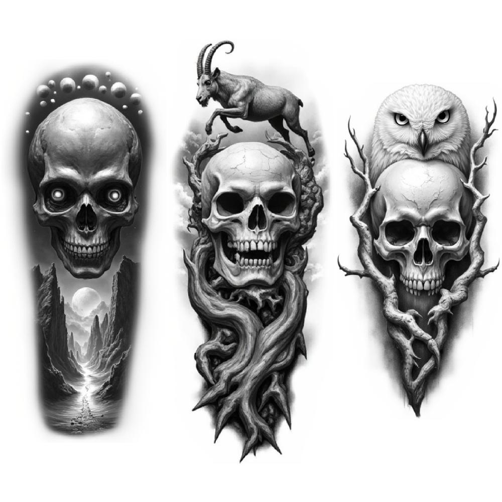 3pcs Temporary Tattoo Waterproof Long-lasting Body Stickers Owl And Skull Skeleton Bird Skull With For Men Thighs Adults