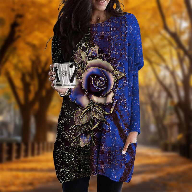 New In Autumn Metal Rose Print Plus Size Dress Women O'neck Long Sleeves Casual Pocket Dresses