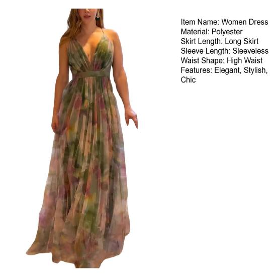 Women's Mesh Spaghetti Strap Maxi Dress Deep V Neck Backless Evening Dress Floral Printed