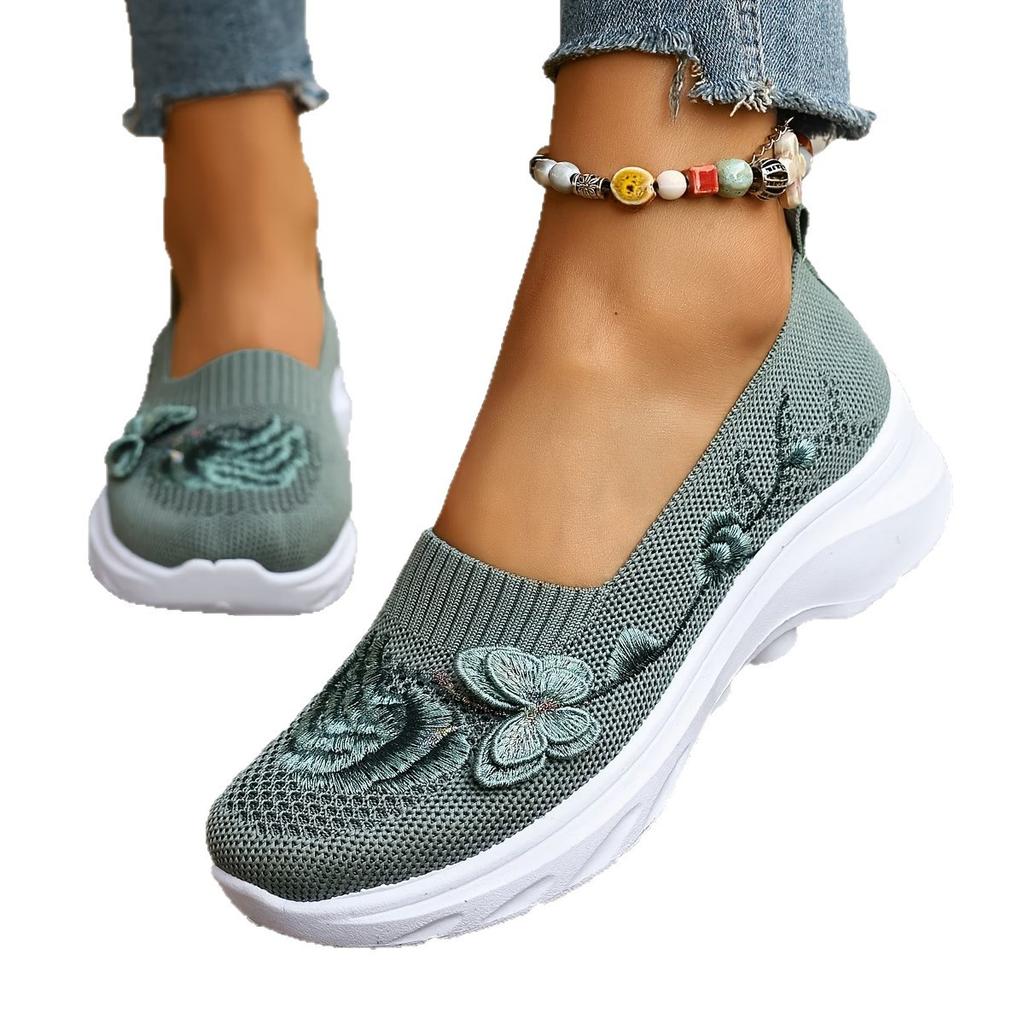 Damskie Buty Płaskie, Rozmiary Plus Size, Haftowane Buty Codzienne, Oddychające Tkane Fly Weave Wsuwane Buty Lazy dla Kobiet