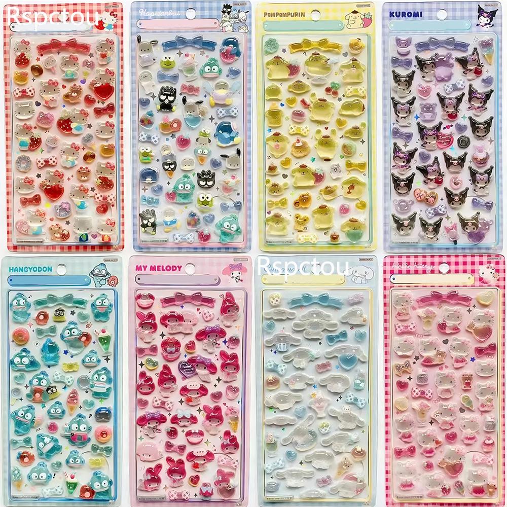 Kawaii Sanrio Cartoon Relief Stickers Cinnamoroll Kuromi Pompom Purin Melody Jelly Crystal Sticker Cute Decoration Decals Gifts