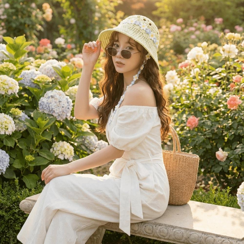 Breathable Sun Protection Straw Hat Nylon Floral Tie Lace Trim Large Brim Hat Lightweight Hollow Out Sunshade Hat Summer