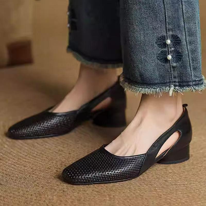 Summer Thick Heel Hollow Sandals for Women French Style Single Leather Shoes