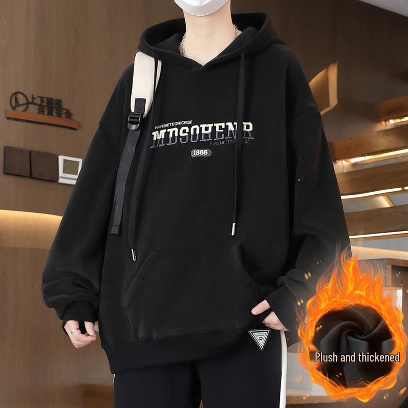 Men's 2025 Style Double-Sided Fleece Hoodie, Thickened Inner Layer, Solid Color, Trendy Winter Outerwear for Teens with Hood