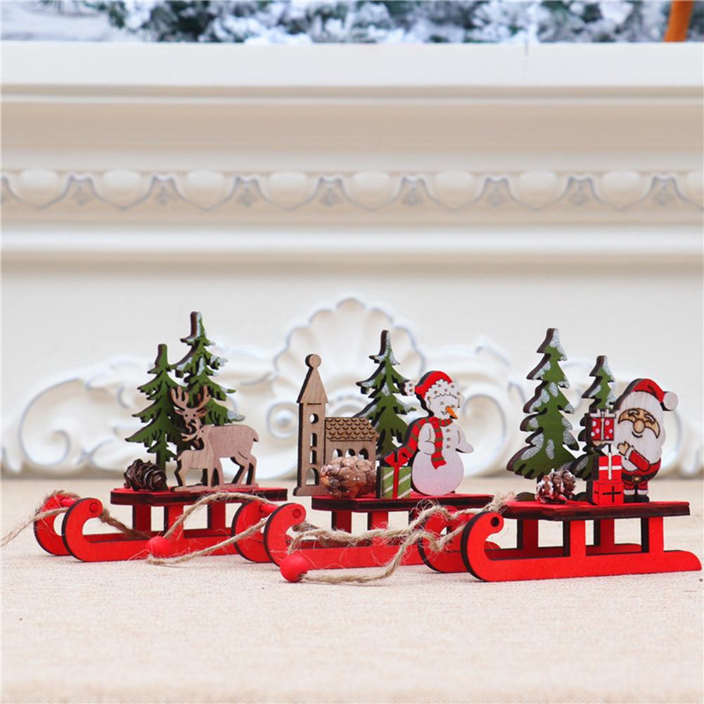 Christmas Sleigh Miniature Wooden Santa Snowman Deer Sled Ornament For Children Gift Desktop Small Ornaments Wooden Detachable