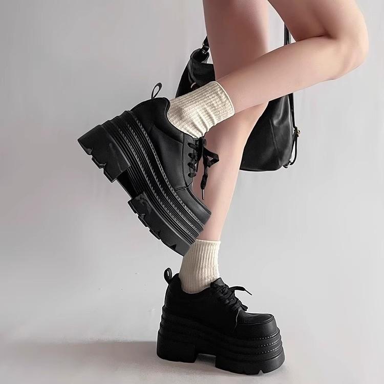 2025 spring new small thick-soled heightening small leather shoes women's lace-up versatile British style muffin loafer single shoes