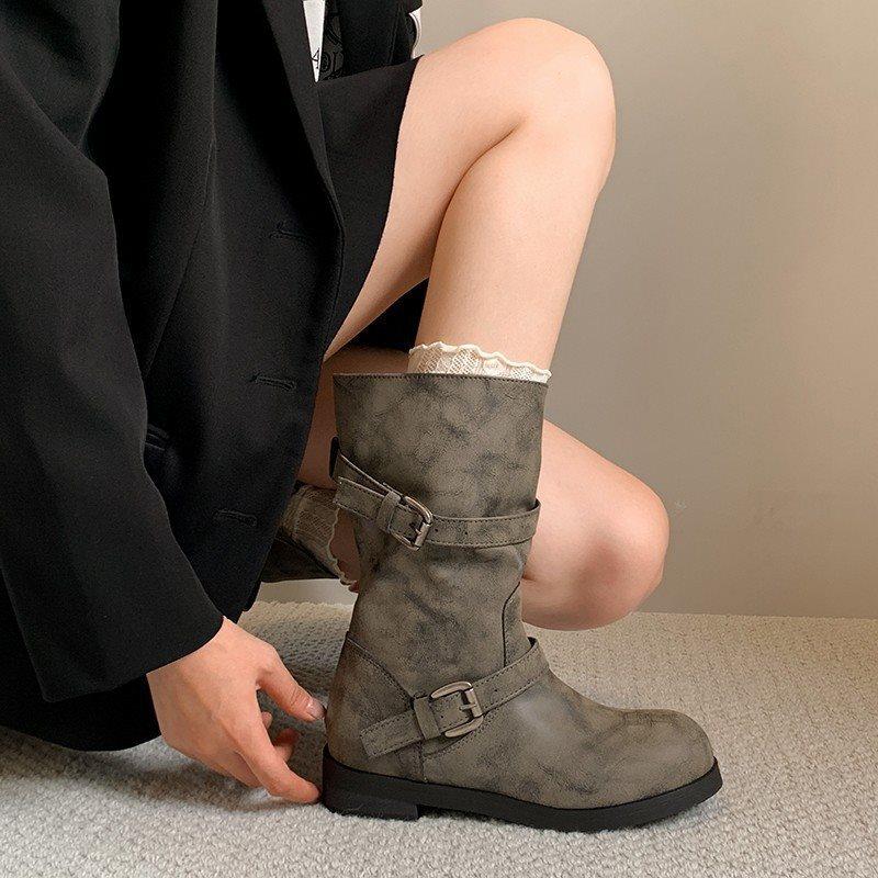 Autumn and winter boots sleeve retro new fashionable fashion flat single boots belt buckle short boots women's round head