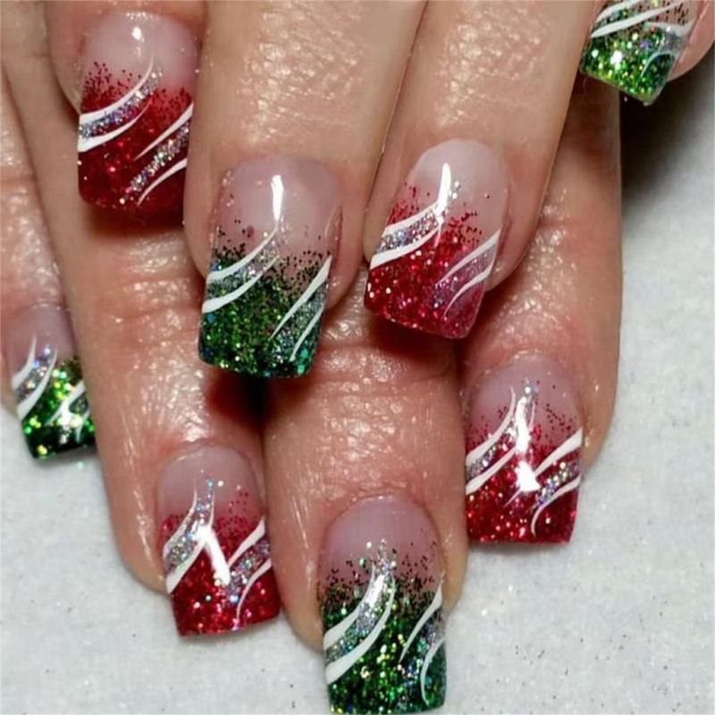 

24Pcs Christmas Press on Nail Sparkling Stripes False Nail Full Cover Stick on Nail Glossy Nail Art Decoraiton 1