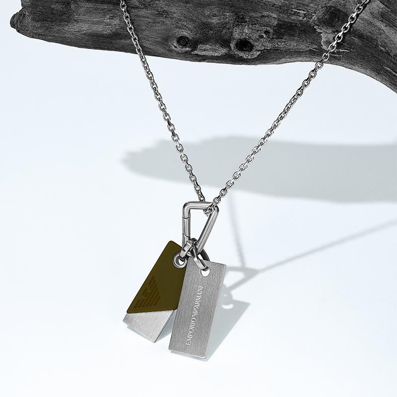 Emporio Armani Logo Series Double Tag Trendy Light Luxury Stainless Steel Necklace Men necklace Silver Black EGS3179040_NLP_NLC