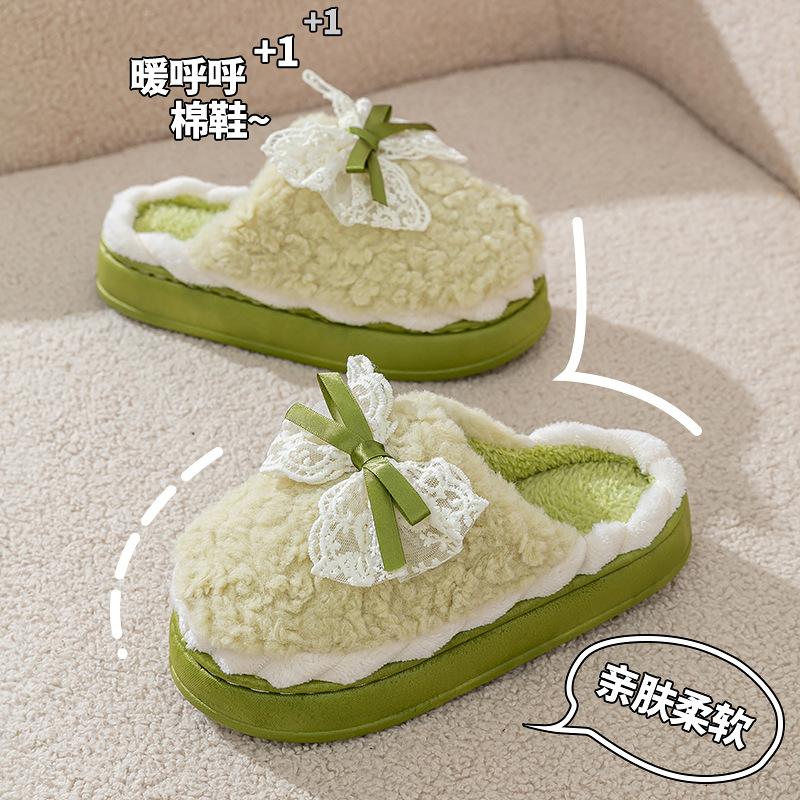 Bow cotton slippers winter 2025 new indoor home thick bottom non-slip piled warm plush slippers