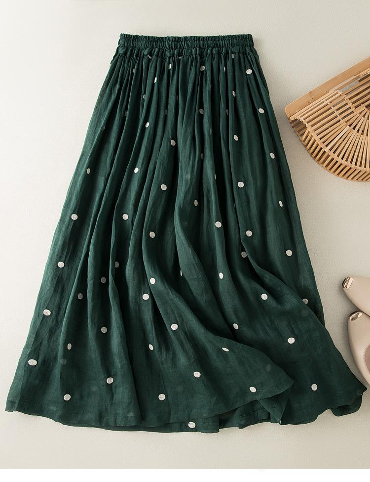 2025 Spring/Summer Women's Cotton Linen Polka Dot Pleated Midi Skirt with Elastic Waist