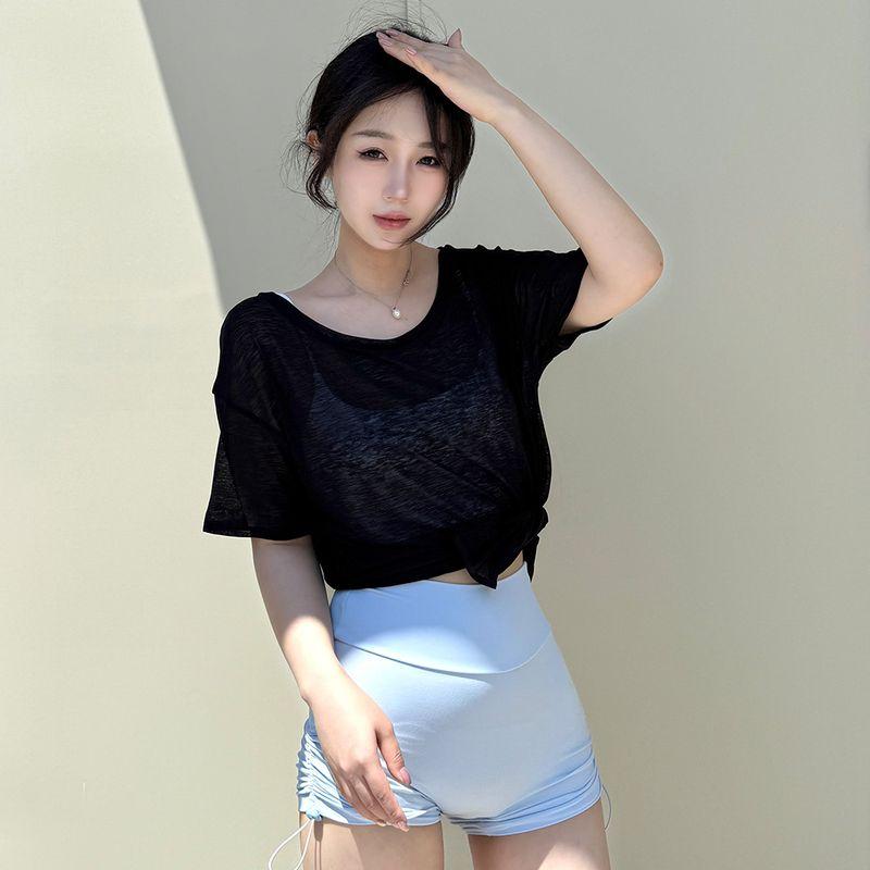 

Spring and Summer Bunchy Yarn Casual Short sleeve Cover up Loose Breathable Sports T-shirt Split High Sense Yoga Top Black S/M