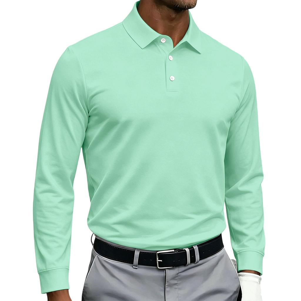Men's Quick Dry Breathable Golf Polo Shirt Long Sleeve Button Design Casual Collar Athletic Sports Shirt