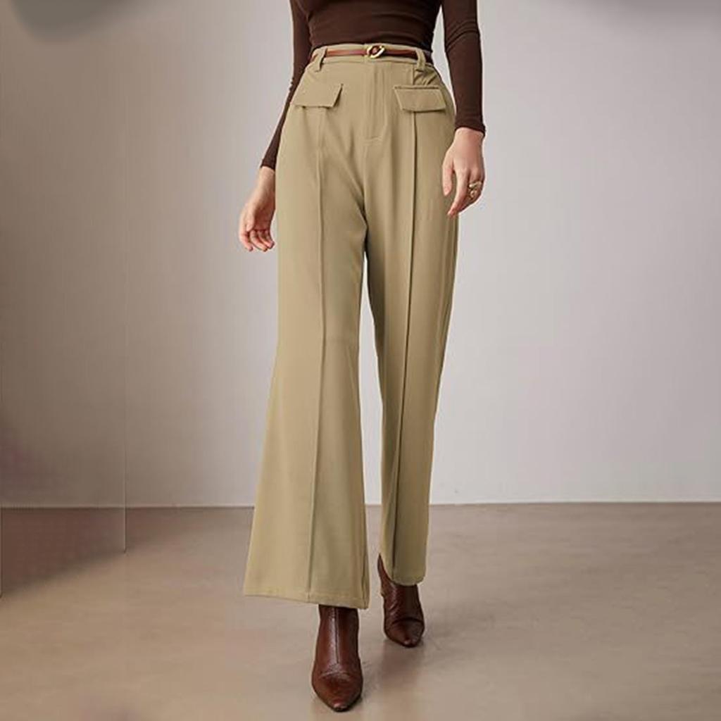 Calça feminina elástica cintura alta casual ajuste ativo perna larga calças compridas calças com bolsos