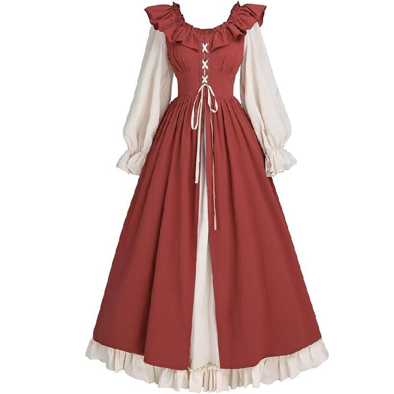 

Ренессанс Средневековье Платья с длинными рукавами Лотос Косплей Костюм Одежда M красный