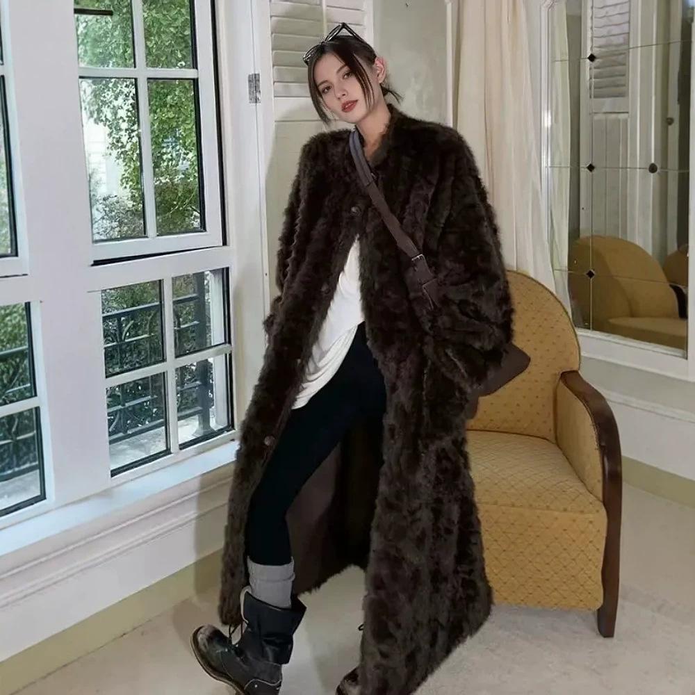 Fur integrated V-neck double-sided wearable coat extended winter coat to keep warm new environmentally friendly fur