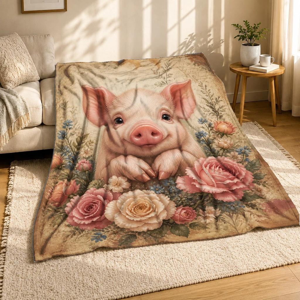Vintage Piglet with Flowers Coral Fleece Blanket Farmhouse Cute