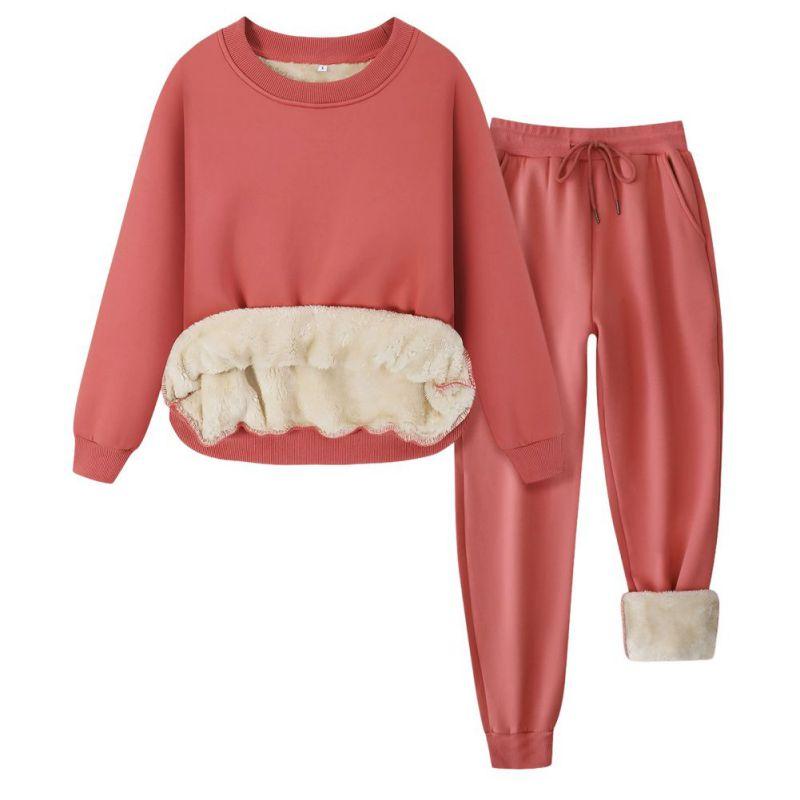 Set de iarnă pentru femei, cu gât rotund, căptușit cu fleece, îngroșat, cald, set de hanorac și pantaloni de trening