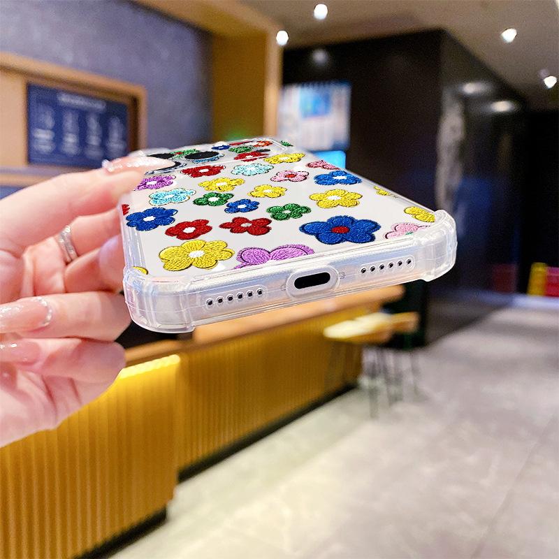 Selection Color Imitation Embroidered Flower Apple 12pm Mobile Phone Case iPhone17 Transparent Protective Case 16 Soft Case