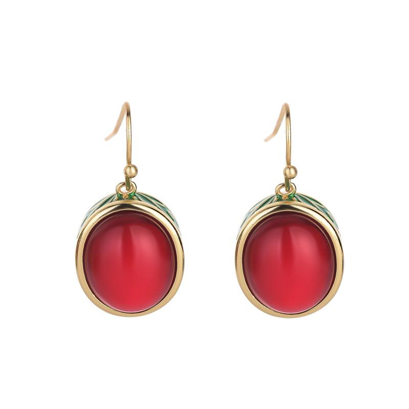 Court-Style Vintage Brass Earrings with Red Corundum Enamel Cloisonne Design