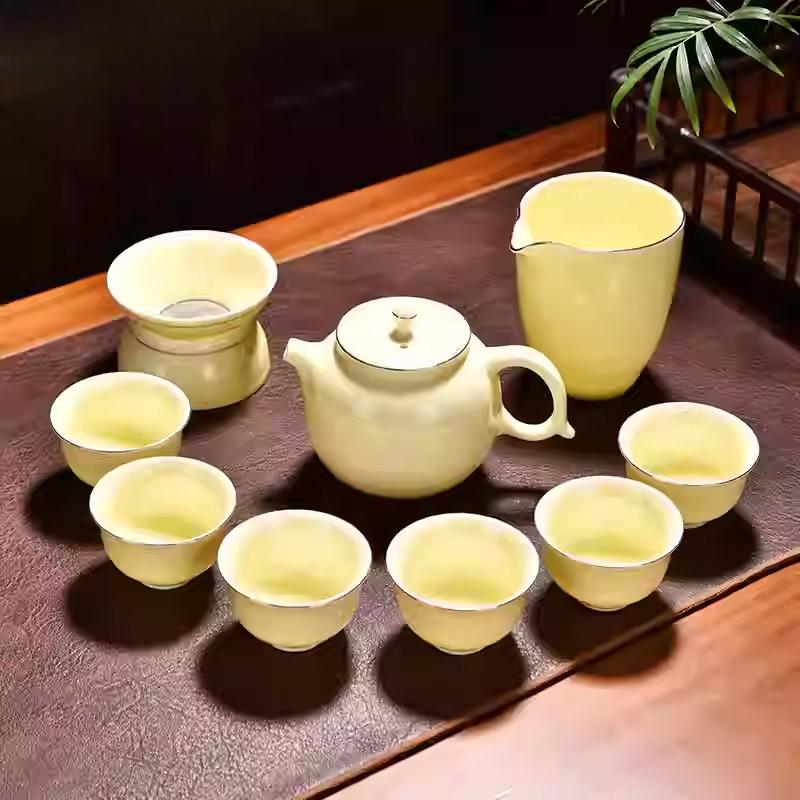 Goat Jade Tea Set Kung Fu Set Chinese Light Luxury Tea Calendars Teacups Office White Porcelain Teapot Covered Bowl Set