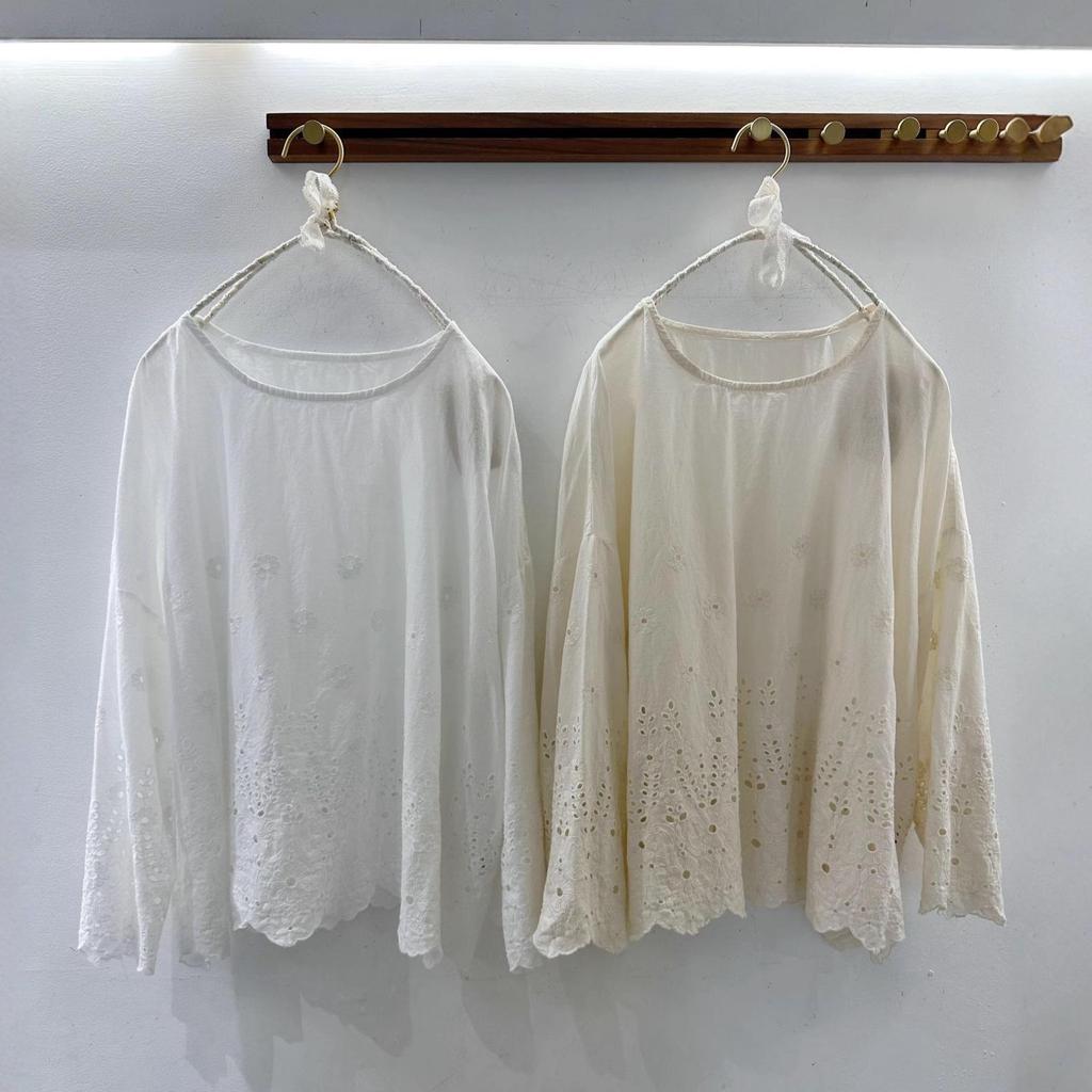 Japanese Literary Embroidered Lace Long Sleeve T-shirt & Skirt Set - Women's Pure Cotton Casual Fashion