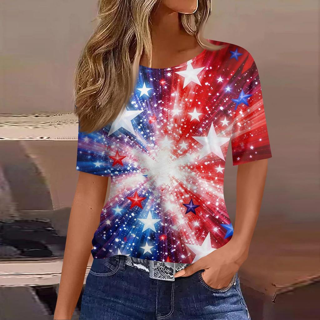 Women's Fashionable Casual Short Sleeve Print Round Neck Pullover Top