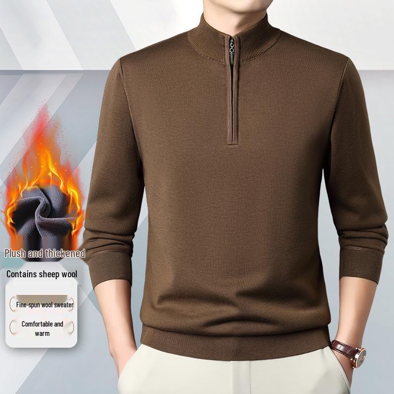 Men's Zipper Half-High Collar Knit Sweater - Mid & Young Adult Pullover Warm Base Layer