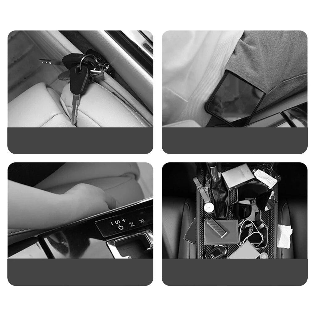Organizador de espaço para assento de carro em couro PU Bolsa lateral para assento dianteiro de carro para chaves de celular Óculos Reservado Furo para cabo de carregamento Suporte para telefone