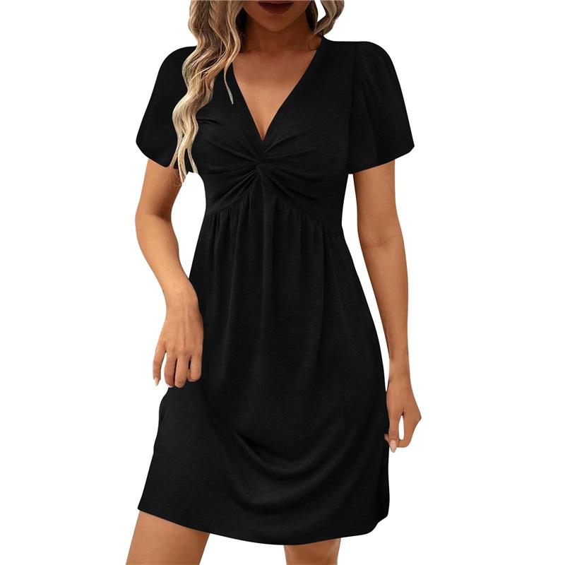 Women's V-Neck Twist Front Short Sleeve Dress Casual Loose Fit Mini Dress Elegant Party Dress