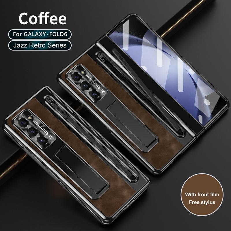 

С стилусом закаленное стекло кожаный чехол для телефона Samsung Z Fold6 Fold5 Fold4 все включено складная подставка ударопрочный жесткий ПК 3 шт складной чехол Samsung Z Fold4 кофейный