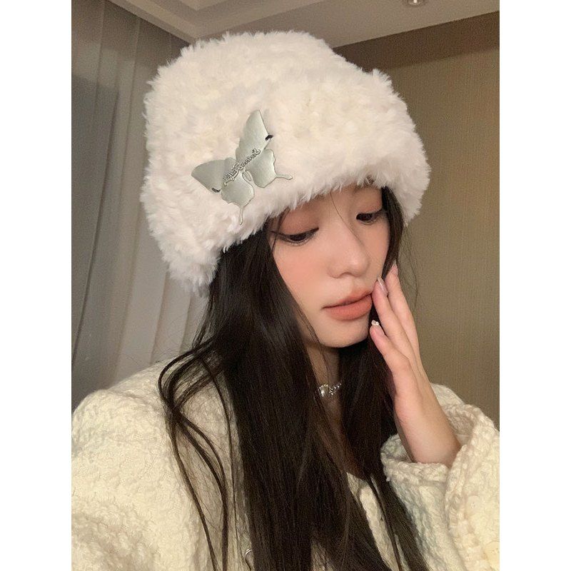 

Плюшевая шапка-бини с бабочкой, зимняя, женская, плюшевая, утолщенная, теплая, ветрозащитная, велосипедные наушники, вязаная шапка one size (54-59cm)