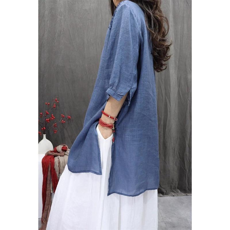 Women Summer Spring Round Neck Half Sleeve Cotton Linen Blend Embroidered Retro Casual Tunic Top