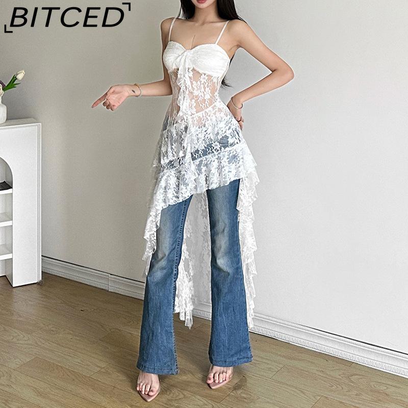 BITCED Summer Women's Solid-Colour Slim-Fit High-Waisted Fashion Strapless Backless Lace Dress