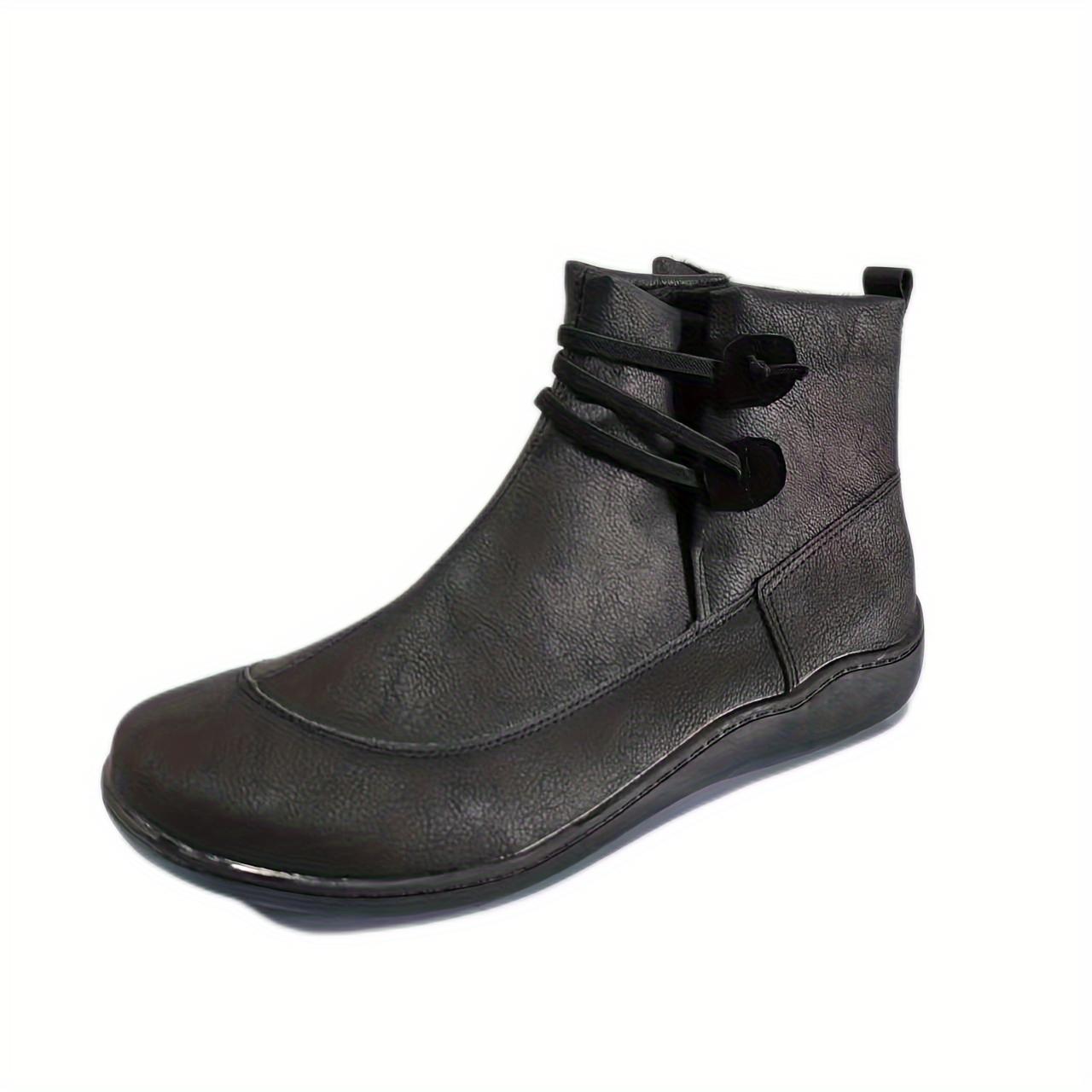 

(Нет флиса)Осенне-зимние женские ботильоны в стиле ретро, ​​однотонные ботинки без шнуровки на плоской подошве из искусственной кожи, женская обувь 43 чёрный