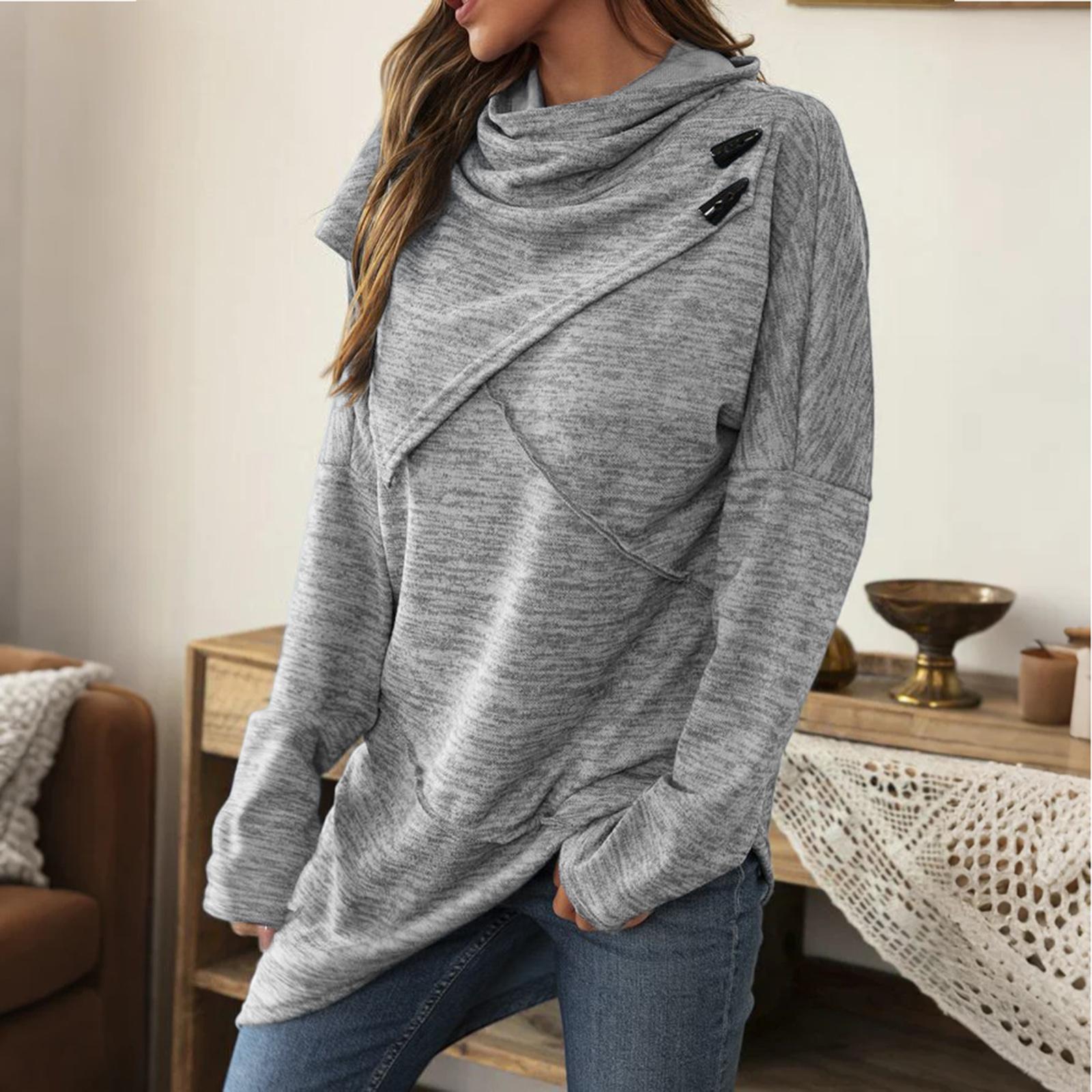

Women s High Neck Button Long Sleeve Sweater Spliced Irregular Casual Knitwear Women s Top XL