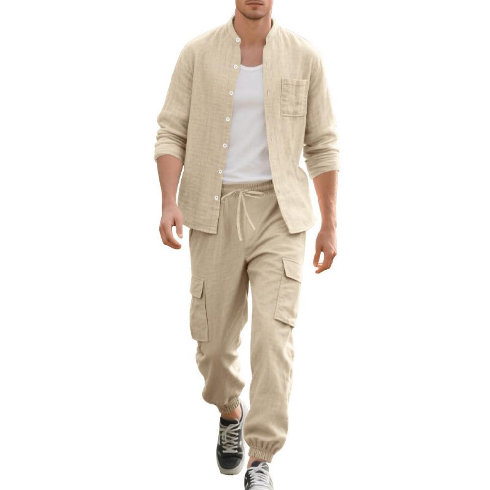 Spring and Summer Men's Linen Button Long Sleeved Shirt and Pants Set, Fashionable, Casual,  Breathable, Quick Drying 2-Pic Set
