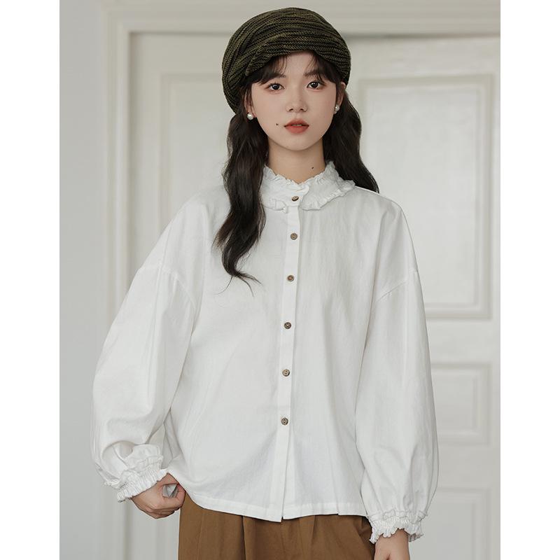 

2025 Autumn/Winter Women s Sweet Ruffle Stand Collar White Shirt - Loose, Youthful Design S