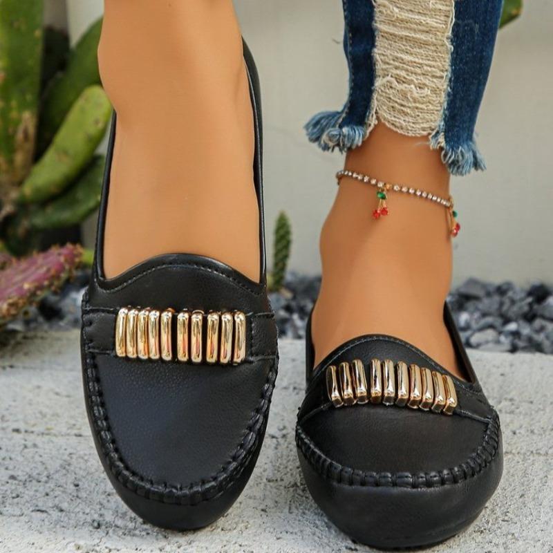 Fashion Plus Size Comfortable Flats Autumn New Round Toe Deep Mouth Metal Buckle Soft Sole Anti-slip Wear-resistant Single Shoes