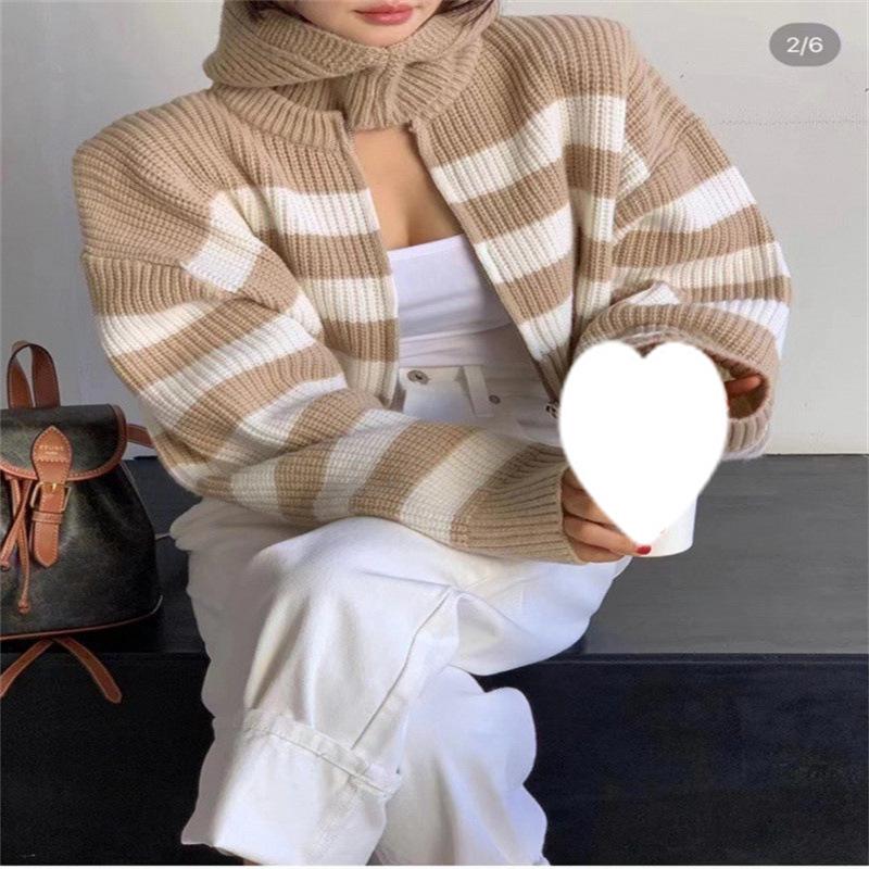 Striped Color Blocked Short Knitted Cardigan Autumn and Winter Round Neck Zipper Sweater