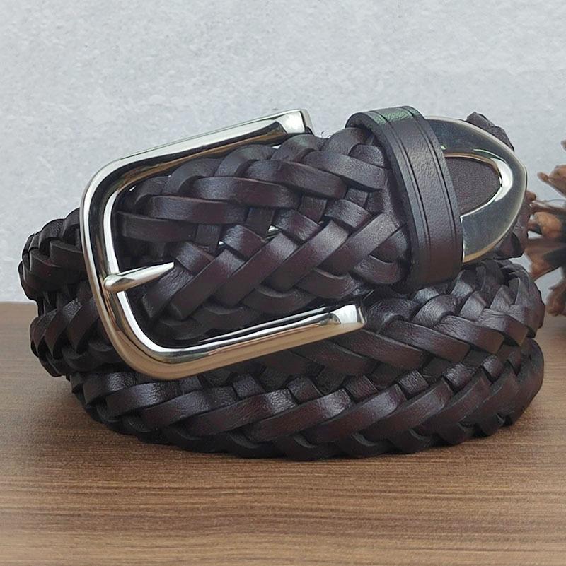 

Ремень ручной работы из плетеной кожи, мужской модный простой деловой плетеный ремень из коровьей кожи с пряжкой-булавкой, нейтральный поясной ремень Tide 100-120cm темно-коричневого