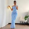 Women Off Shoulder Floral Print Long Dress Solid Light Blue Maxi Dress