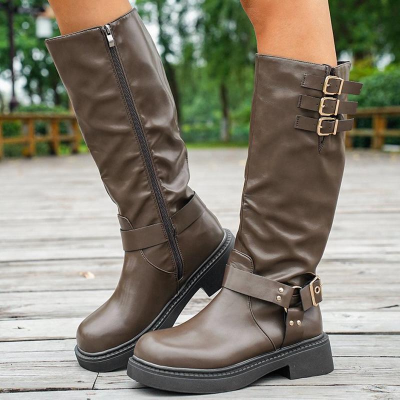 Fashion Retro Brown Western Cowboy Boots for Women 2025 Autumn Winter PU Leather Knee High Botas Mujer Zip Buckle Platform Knight Boots