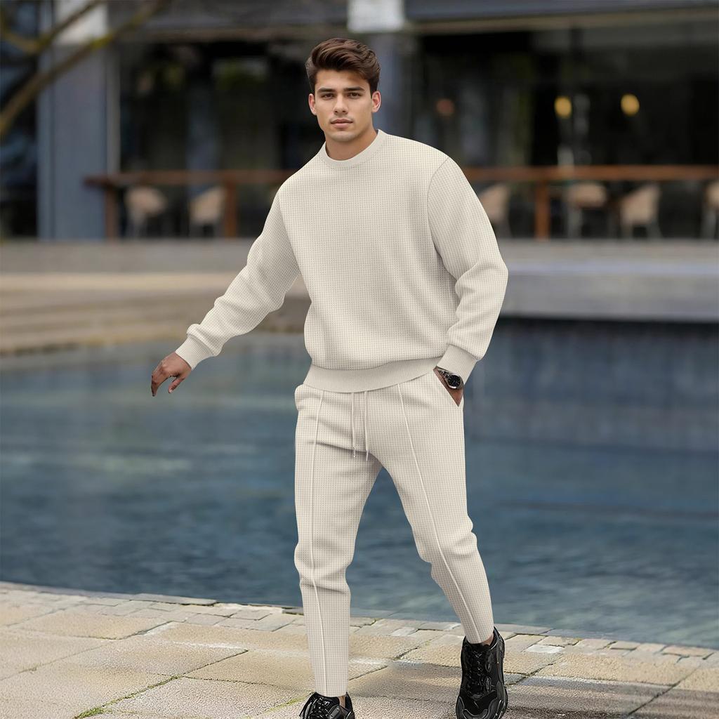 Men's Solid Color Pullover Long Sleeved Casual Sports Round Neck Top And Trousers Suit