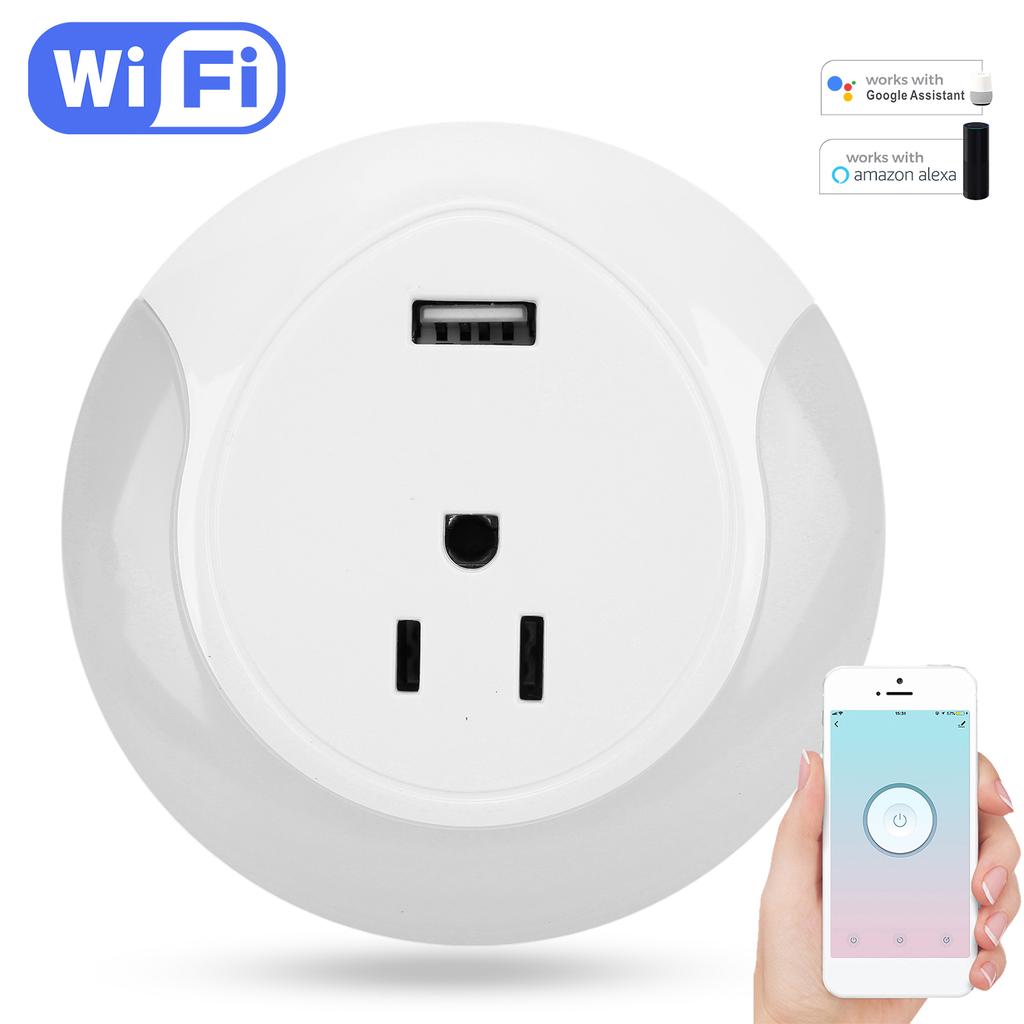 Smart Plug APP Remote Control WIFI Outlet with Timer Function USB Night Light 100‑240VUS Plug
