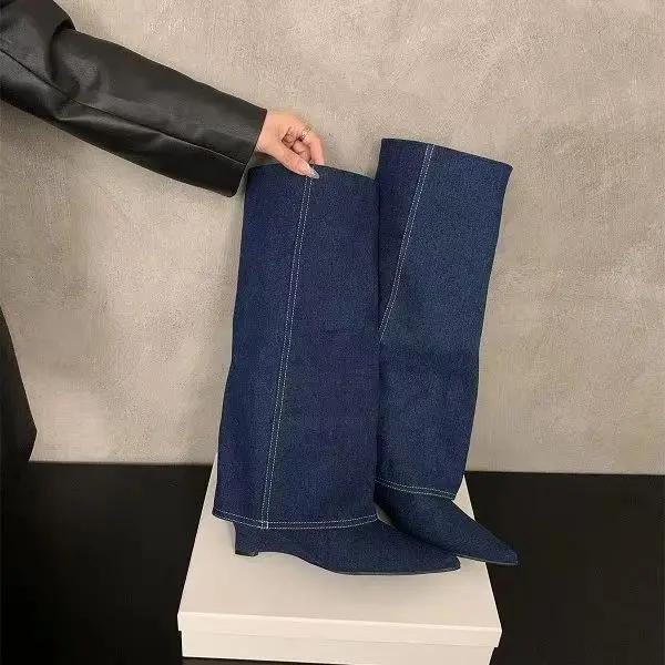 Pointed Toe Slope Heeled Pants Leg Boots  New Autumn Winter Women Vintage Knee-High High-Heeled Western Cowboy Boots Female