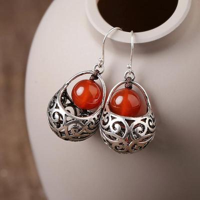 Original Designer Neue Ethnische Stil Rote Runde Hohle Ohrringe Retro Temperament Exquisite Luxus Damen Schmuck