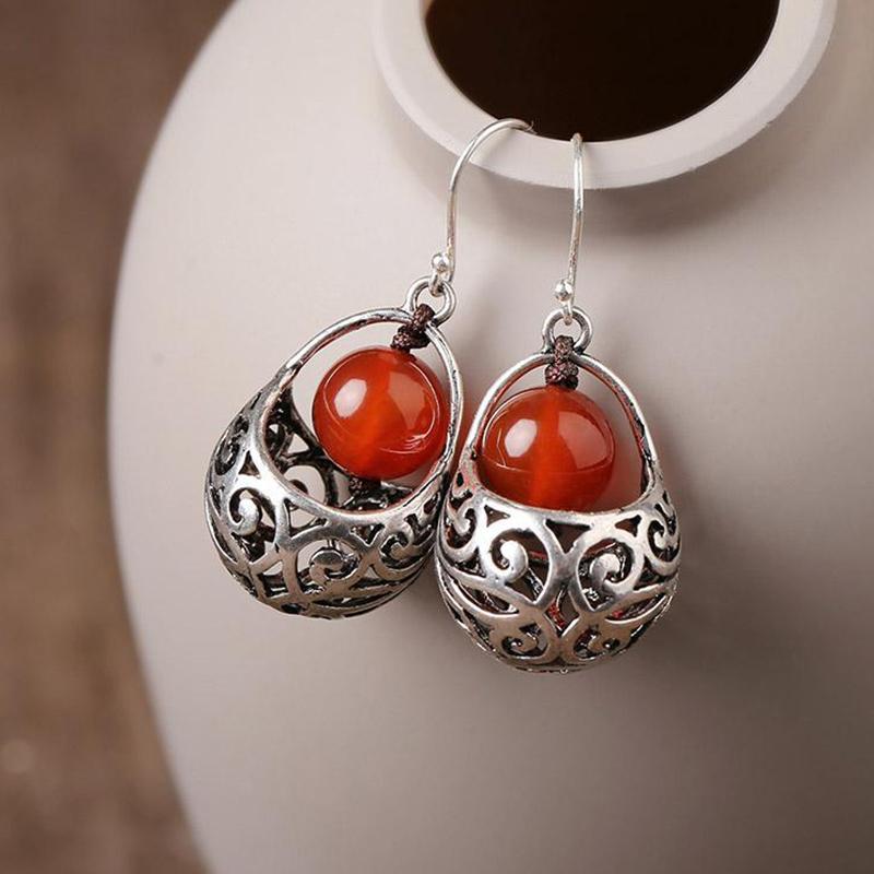 Original Designer New Ethnic Style Red Round Hollow Earrings Retro Temperament Exquisite Luxury Ladies  Jewelry